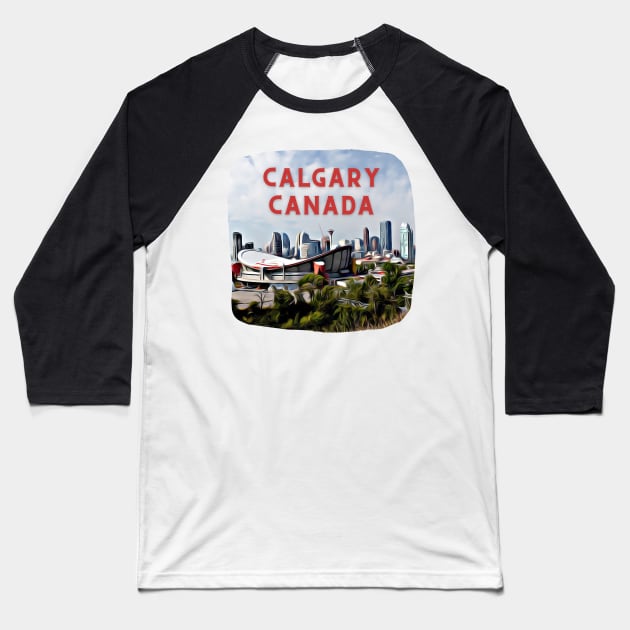 Calgary Canada Skyline Painting Baseball T-Shirt by YegMark